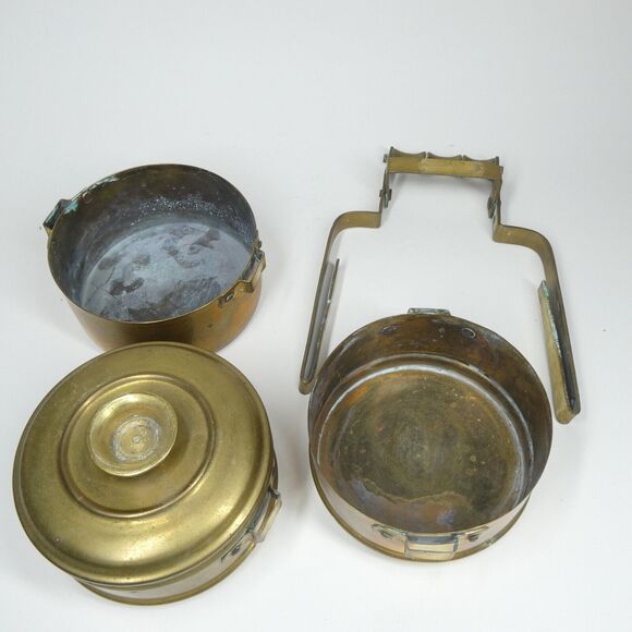 Tiffin Box Indian Brass Vintage Food Carrier 3 Compartment Stacking w/Handle - Picture 8 of 12